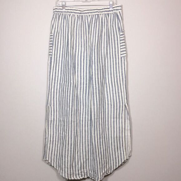 100% linen maxi skirt pockets elasticated waist blue stripe beachy coastal Sz L - Picture 4 of 7